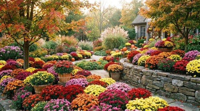 Bright autumn chrysanthemums blooming cheerfully inside a lovely colorful garden