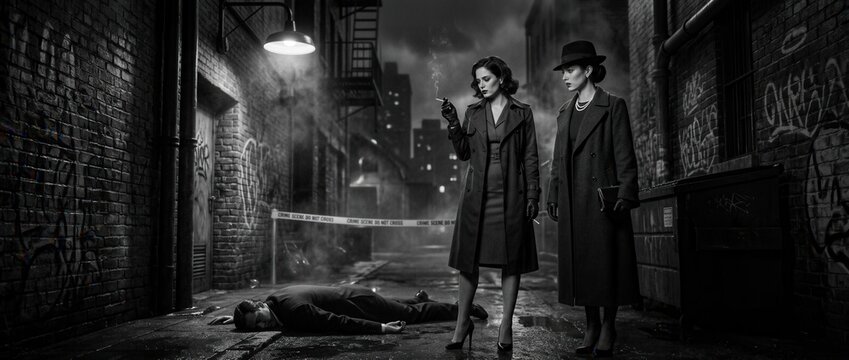 Noir Film Scene Two Stylish Women Investigate Crime Scene with Body in Grungy Alleyway