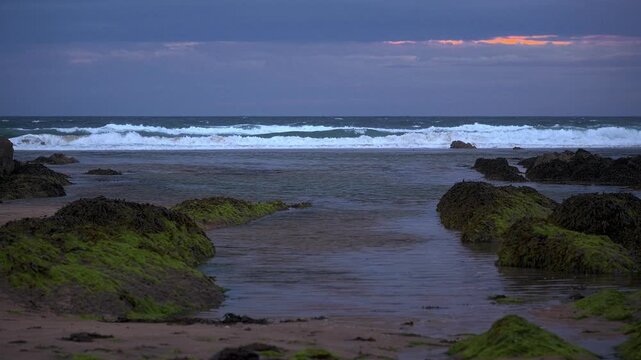 Ocean waves roll towards a rocky beach with green algae-covered boulders beneath an evening sky in Wales.