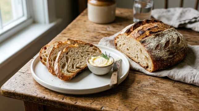 Fresh baked bread served on clean white plate and wood