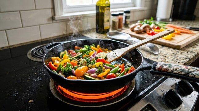 Frying pan with colorful vegetables sits on active electric stove