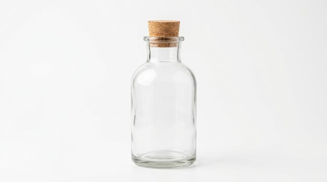 Glass bottle with cork stopper stands isolated on white background