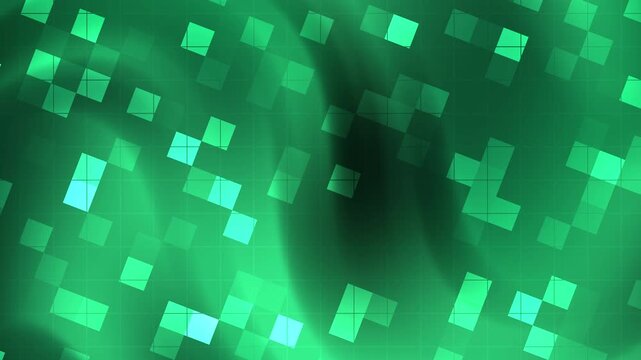 Abstract green black gradient background with glowing green pixel blocks in a square composition, suitable for digital art projects and textures. Great for tech designs.