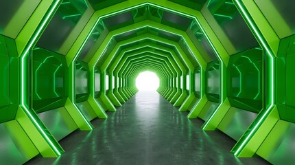 Obraz premium Futuristic green light tunnel with glowing geometric shapes and perspective view