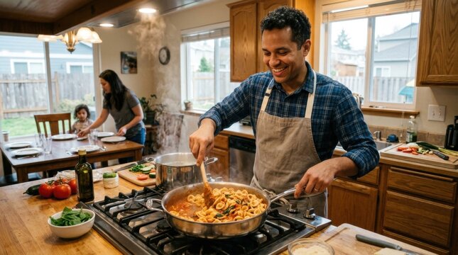 Man cooks delicious family lunch with pasta inside domestic kitchen