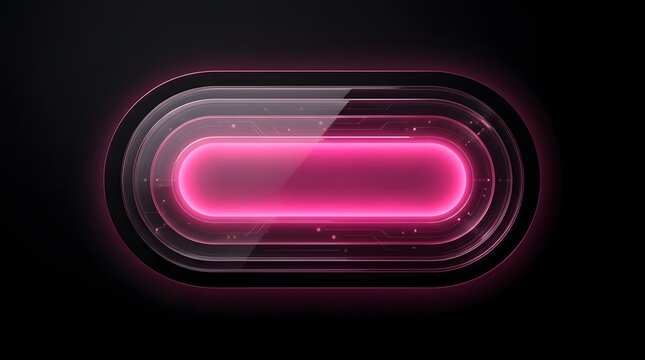 Abstract glowing pink neon button with rounded glass layers on a dark black background