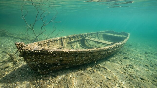 Old abandoned wooden boat sits submerged under quiet calm water
