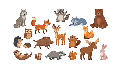 Obraz premium Cute woodland animal cartoon character set with funny forest wildlife bear fox deer wolf raccoon beaver and hedgehog isolated