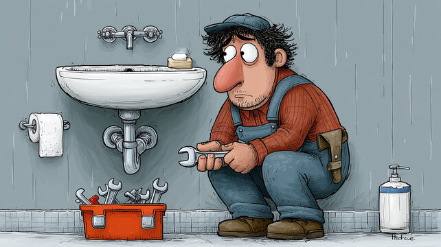 Cartoon plumber repairing pipes beneath a sink