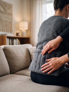 Woman receiving lower back heat therapy treatment on a couch