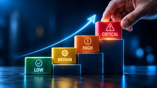 Hand stacking blocks showing increasing risk levels from low to critical with upward trending arrow