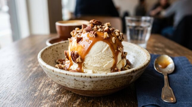 Scoop of ice cream topped with sweet caramel and nuts