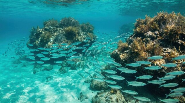 School of flatiron herring swims around islands in mexico