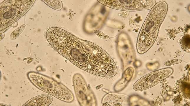Microscopic view of Paramecium single celled protozoa swimming in water with debris scientific research microbiology educational content