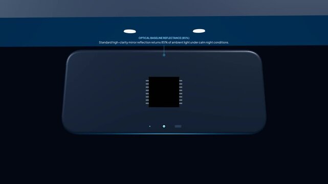 3D animation explaining the mechanism of an automotive electrochromic rearview mirror, showing the photodiode sensor detecting glare, microcontroller activation, and molecular darkening process