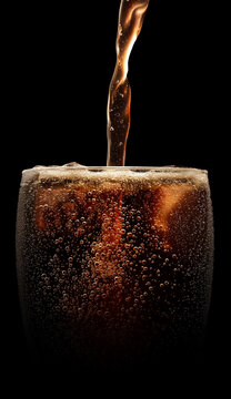 Dark fizzy drink pouring into a glass on black
