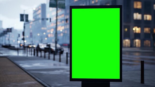 Vertical green screen citylight sign on a metropolitan street under high midday light, partly cloudy sky. Time lapse of city traffic, bokeh lights and moving cars. Clean chroma key area for