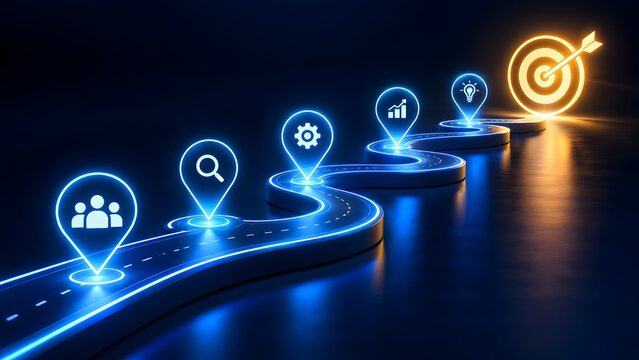 Illuminated business roadmap path with milestone icons leading to glowing target for strategy and success concept