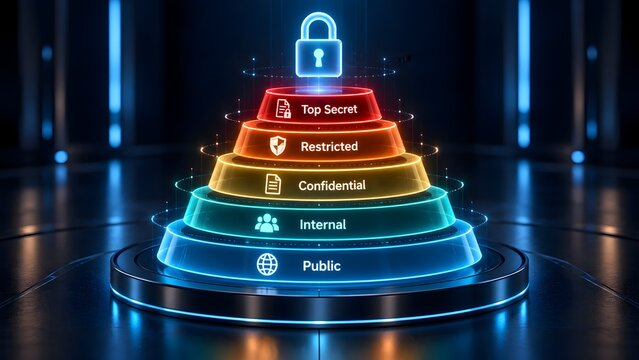 Glowing digital pyramid showing data classification levels from public to top secret with padlock security icon