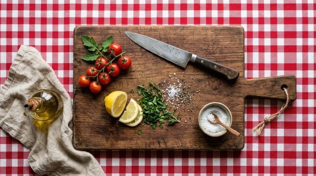 Top view of rustic wooden cutting board over checkered cloth