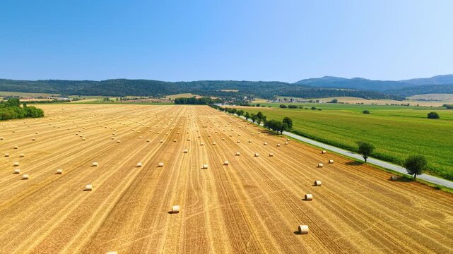 Straw bales in parallel rows across a harvested field. An aerial view shows golden stubble beside a green crop and a road, with wooded hills beyond.