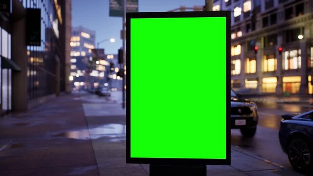 Green screen billboard mockup in a modern city in the blue hour before sunrise, clear sky. Timelapse of street traffic with defocused buildings and glowing windows in the background. Replace the green
