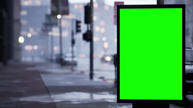 City billboard with a green screen placed on a busy city street in warm afternoon light, overcast sky. Timelapse footage with blurred traffic and city lights, ideal as a template for advertising