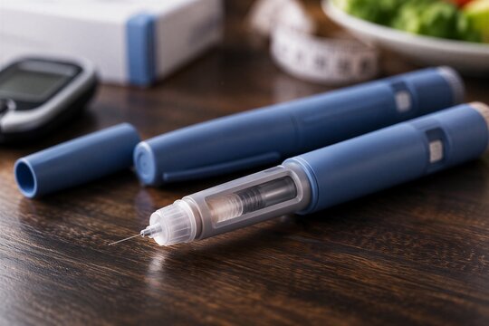 Semaglutide Injector Pens for Diabetes Care and Weight Management on Dark Wood Table, Pharmaceutical Stock Image