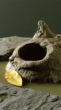 Mudskipper burrow opening ringed by raised mud turret beside fallen yellow leaf in shallow tidal water, creating stark natural scene with dark wet clay texture and quiet tension