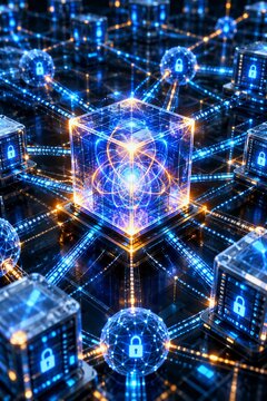 Abstract scientific visualization of quantum cryptography with a glowing cube and intricate data network nodes, representing advanced digital communication and security.