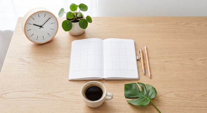 Productivity desk flat lay with weekly planner clock and coffee