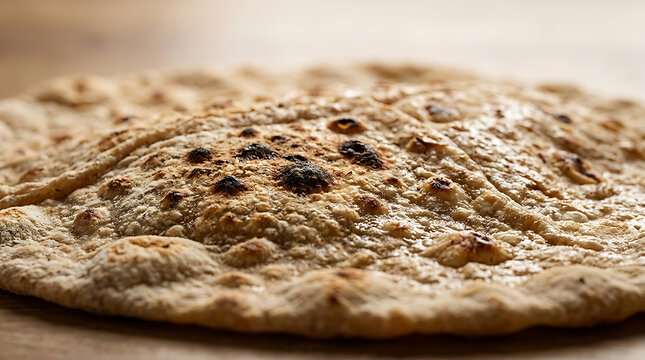 Close-up of warm, fluffy flatbread with toasted spots, rustic food background