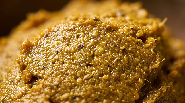 Close-up view of golden curry paste with herbs and spices, macro food texture