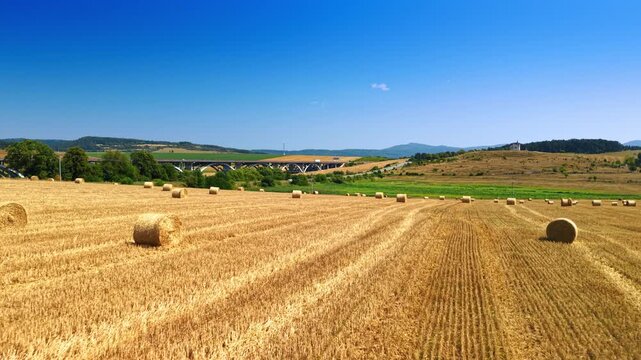 Round straw bales across stubble with a bridge on the horizon. Harvest lines recede between bundles toward low hills beneath an open blue sky.