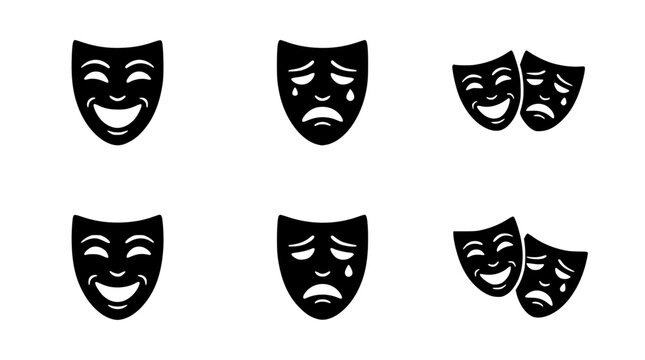 Minimalist theater masks vector set showing contrasting comedy and tragedy emotions