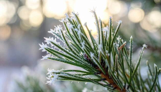 Frost covered pine branch glistens in soft winter sunlight, creating serene natural background with icy needles, warm bokeh, and seasonal woodland atmosphere