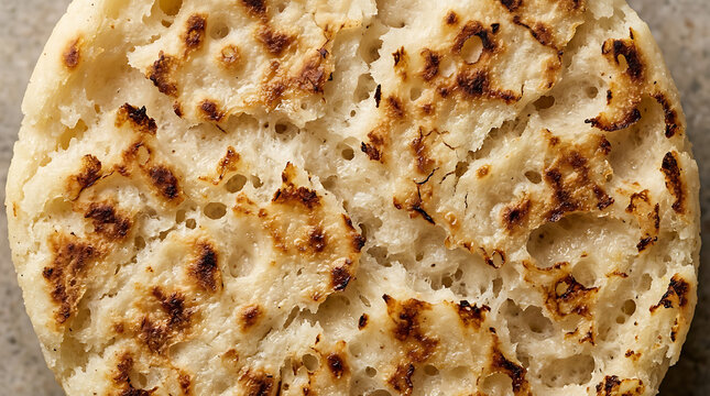Close-up macro shot of toasted crumpet texture with golden brown spots
