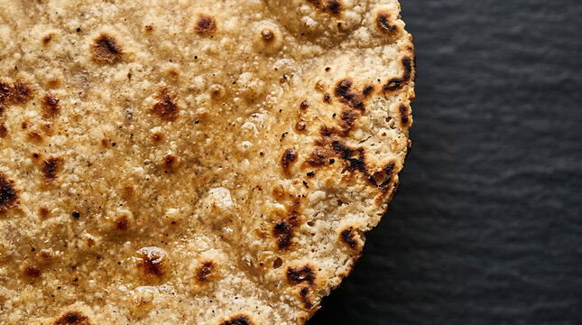 Close-up macro shot of textured whole wheat roti bread with charred spots on dark surface