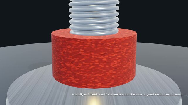3D animation demonstrating the mechanism of penetrating oil on a rusted steel fastener, showing capillary pressure driving fluid through threads and hydrodynamic lubrication breaking oxidation