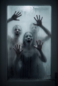 Three figures press against a steamy glass door, their faces contorted in fear and desperation, creating a chilling scene of entrapment and horror.
