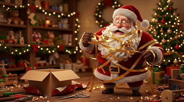 Stressed Santa claus getting tangled in golden gift wrapping ribbon while preparing presents inside his cozy workshop during festive winter