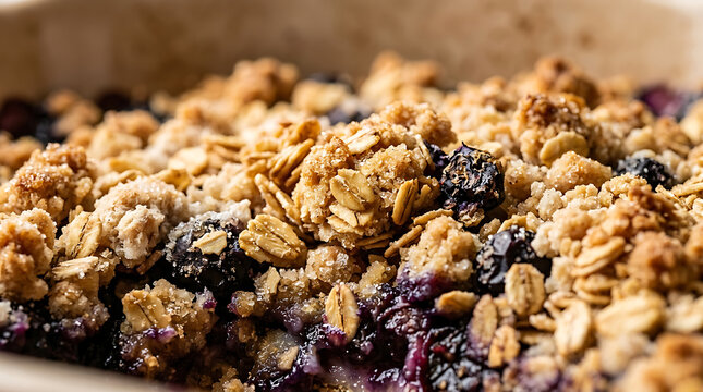 Close-up of fresh blueberry crumble with oats and baked fruit