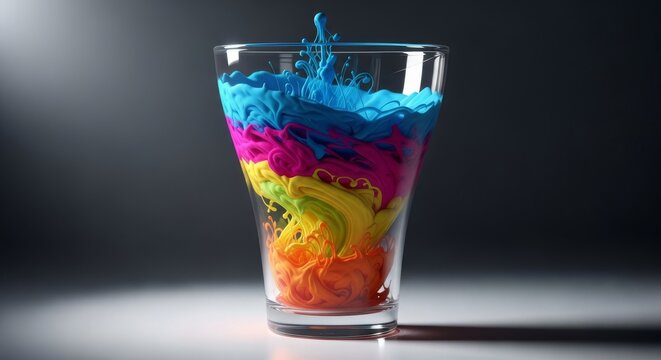 Vibrant layers of multicolored liquids swirling gracefully within a glass vessel, creating beautiful gradients and abstract fluid patterns, chemistry, color, blue