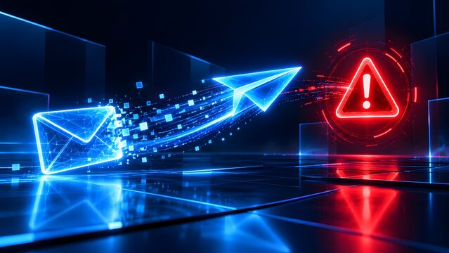 Digital mail icon transforming into a paper airplane flying through abstract digital space towards a red warning sign representing email security and alerts.
