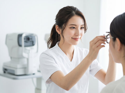 患者の視力検査を行う優しい笑顔の眼科看護師