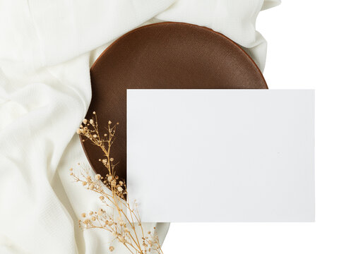 Flyer png mockup transparent background on wooden plate in flat lay style