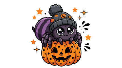 Fototapeta premium Cute kawaii cartoon spider wearing a winter beanie hat sitting on top of a spooky jack o lantern pumpkin for Halloween celebrations and holiday designs