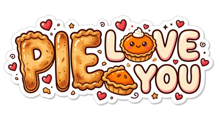 Fototapeta premium Cute and funny pie love you lettering with kawaii pies and hearts sticker vector illustration