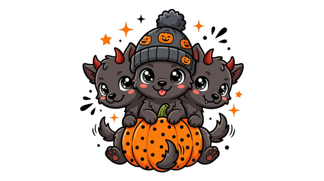 Cute cartoon three-headed black puppy with devil horns sitting inside a bright orange Halloween pumpkin wearing a beanie hat with stars background