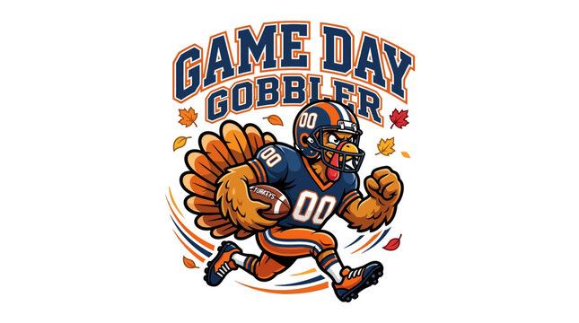 Football turkey mascot running with a ball wearing a sports uniform for Thanksgiving game day
